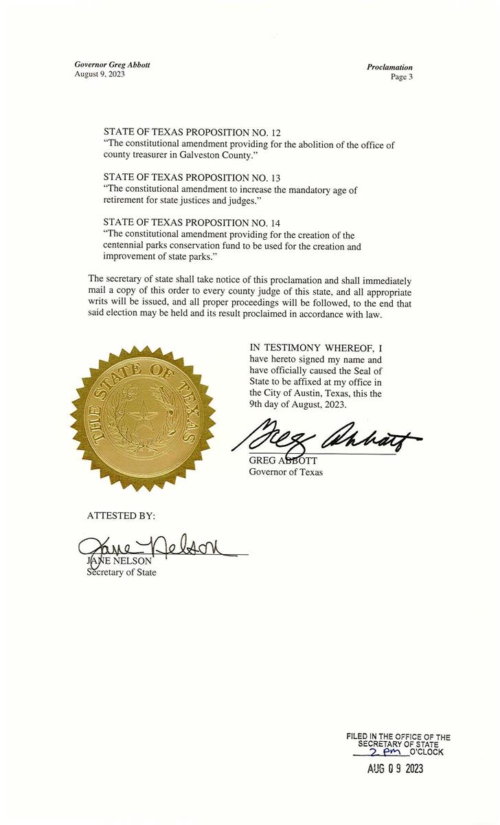 Proclamation by the Governor of the State of Texas for order of a special election page 3